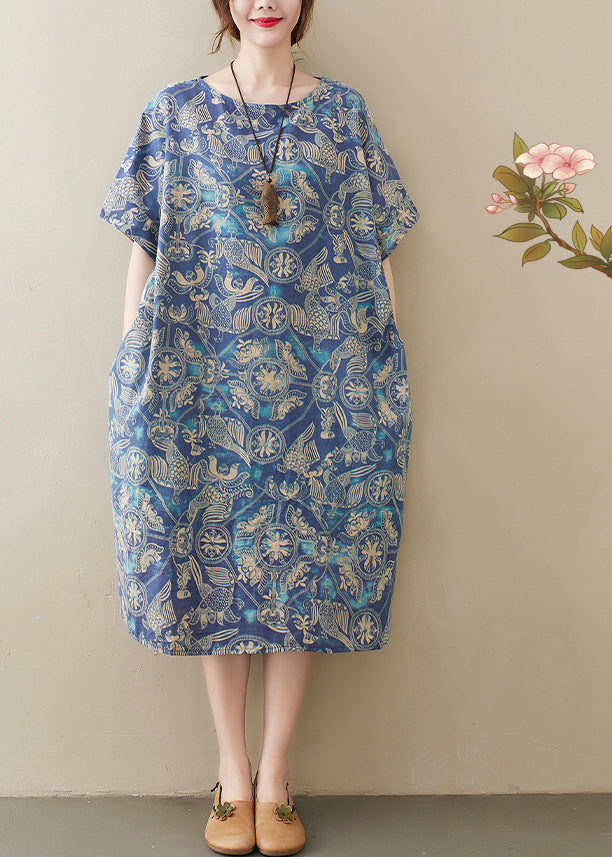 Original Design Blue O-Neck Print Cotton Loose Dress Short Sleeve