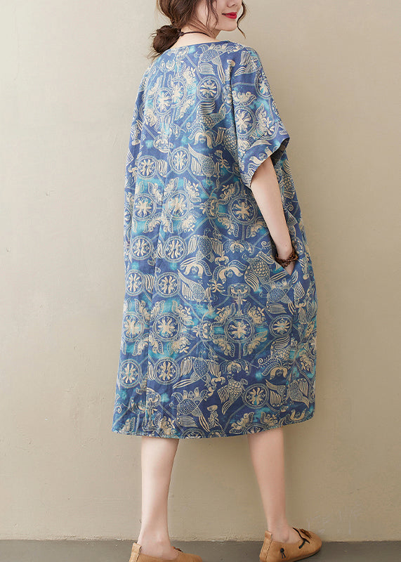 Original Design Blue O-Neck Print Cotton Loose Dress Short Sleeve