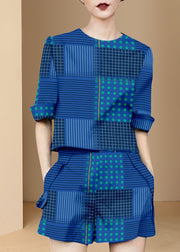 Original Design Blue O-Neck Print Cotton Two Piece Set Women Clothing Summer