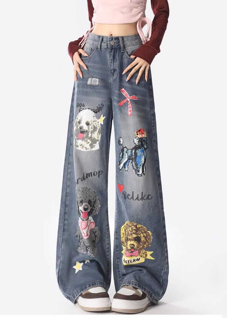 Original Design Blue Pockets Dogs Print Denim Wide Leg Pants Spring