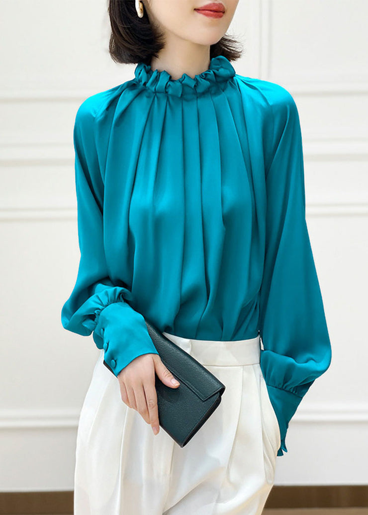 Original Design Blue Stand Collar Cinched Silk Tops Spring