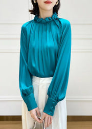 Original Design Blue Stand Collar Cinched Silk Tops Spring