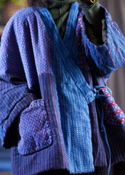 Original Design Blue V Neck Lace Up Patchwork Fine Cotton Filled Coat Winter