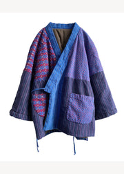 Original Design Blue V Neck Lace Up Patchwork Fine Cotton Filled Coat Winter