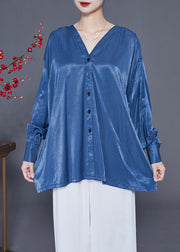 Original Design Blue V Neck Oversized Button Silk Shirt Top Spring