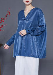 Original Design Blue V Neck Oversized Button Silk Shirt Top Spring