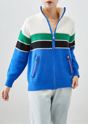 Original Design Blue Zip Up Patchwork Knit Coats Fall