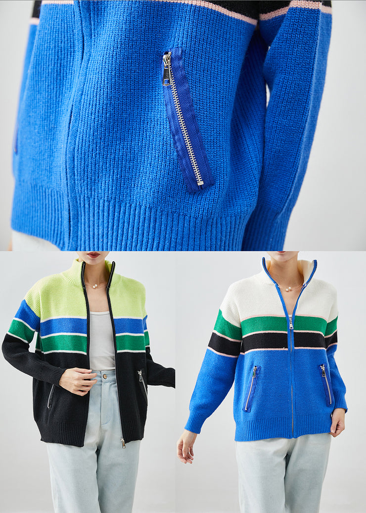 Original Design Blue Zip Up Patchwork Knit Coats Fall