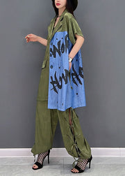 Original Design Green Notched Collar Side Open Print Cotton Two Pieces Set Spring