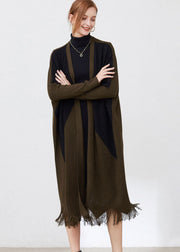 Original Design Green Patchwork Tassel Wool Knitted Cardigan Long Sleeve
