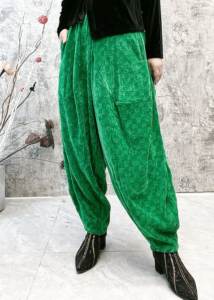 Original Design Green Pocket Elastic Waist Cotton Lantern Pants Spring