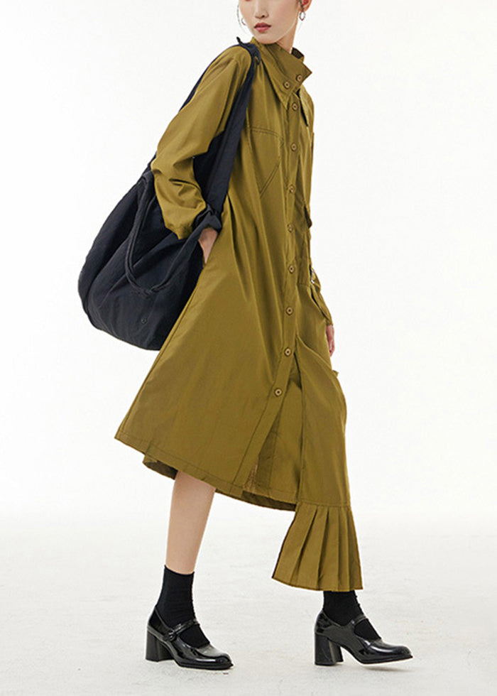 Original Design Green Stand Collar Asymmetrical Patchwork Cotton Shirt Dress Spring