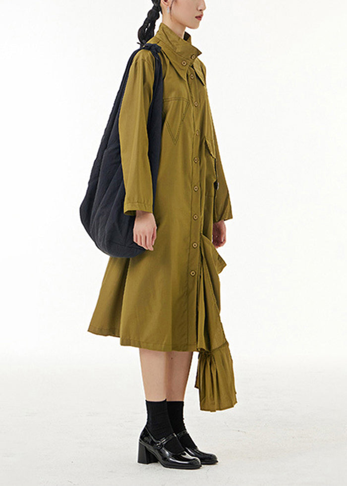Original Design Green Stand Collar Asymmetrical Patchwork Cotton Shirt Dress Spring