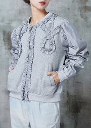 Original Design Grey Ruffled Patchwork Pockets Cotton Jacket Spring