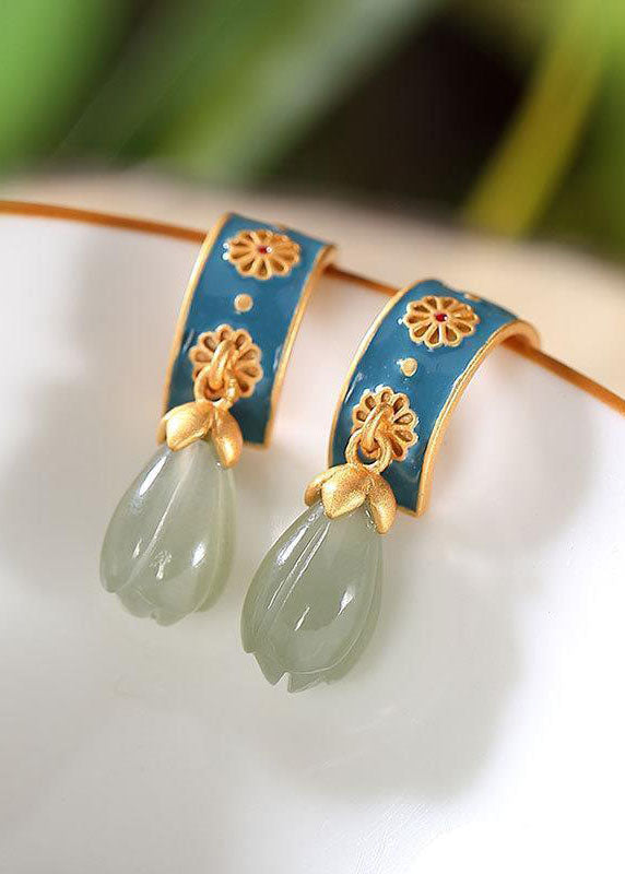 Original Design Jade Cloisonne Silver Drop Earrings