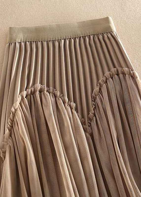 Original Design Khaki High Waist Ruffled Patchwork Tulle Pleated Skirts Spring