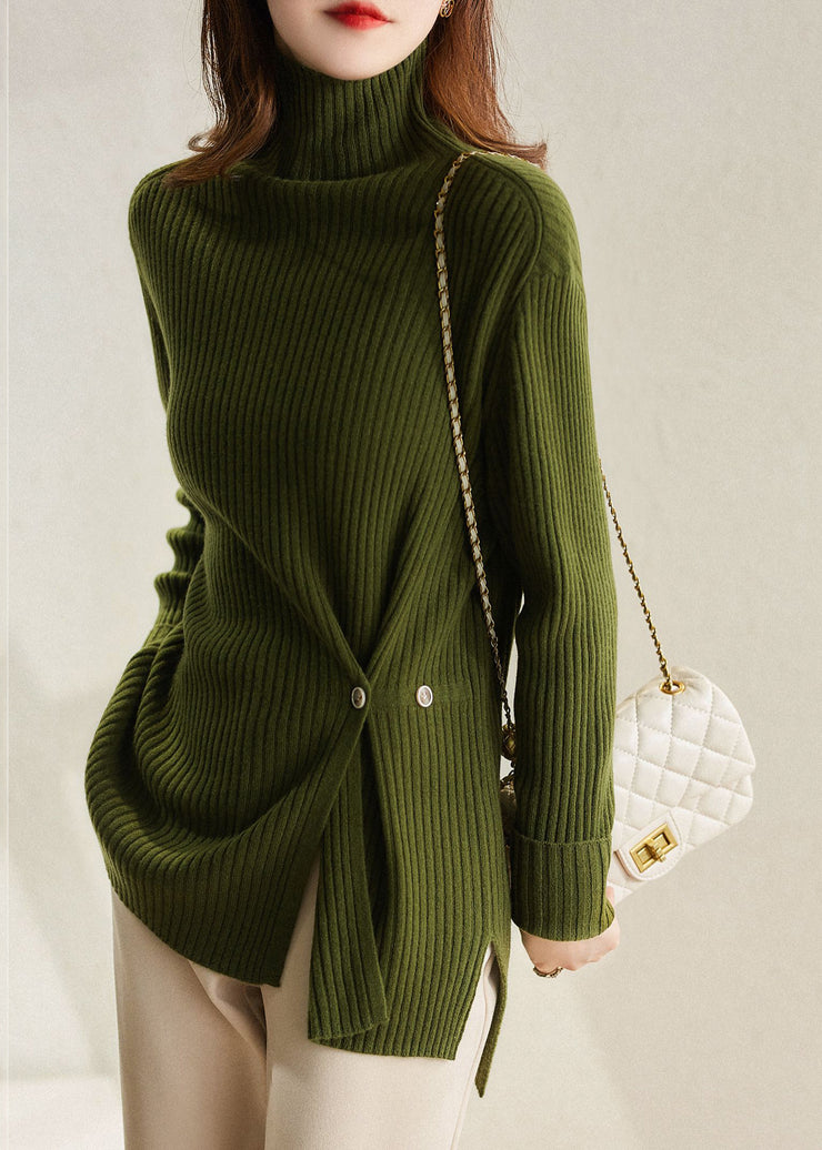 Original Design Khaki Hign Neck Thick Woolen Knit Pullover Winter
