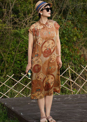 Original Design Khaki Mandarin Collar Print Side Open 2024 Silk Dresses Sleeveless