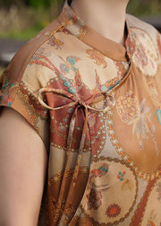 Original Design Khaki Mandarin Collar Print Side Open 2024 Silk Dresses Sleeveless