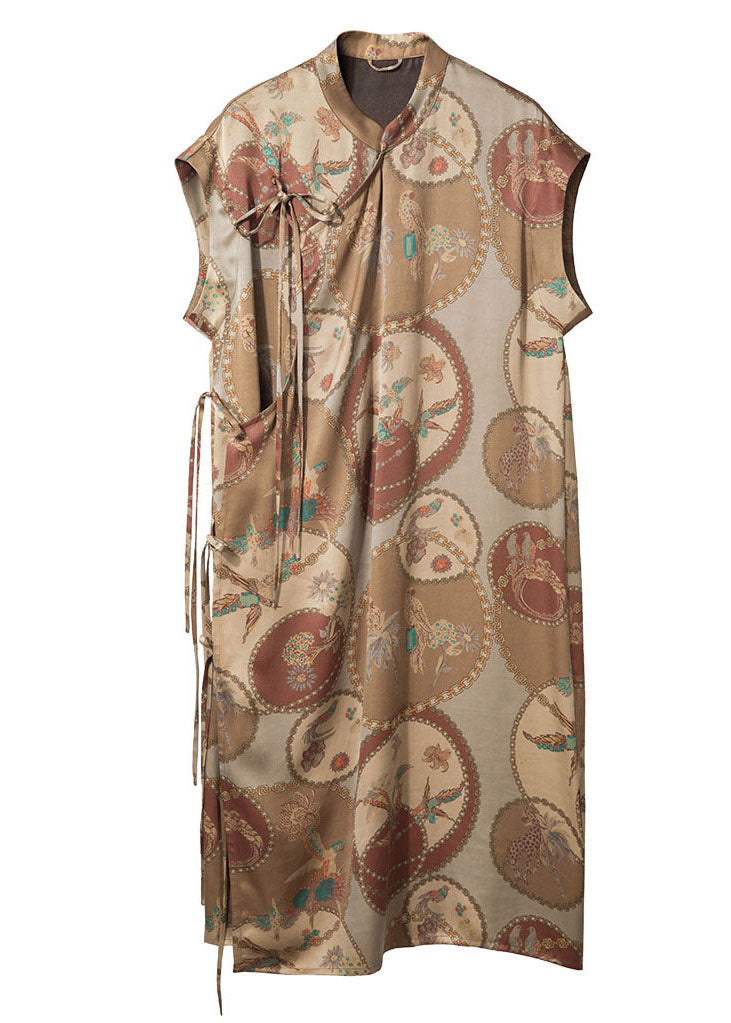 Original Design Khaki Mandarin Collar Print Side Open 2022 Silk Dresses Sleeveless