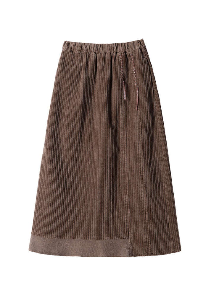 Original Design Khaki Pockets Side Open Elastic Waist Corduroy Skirt Spring