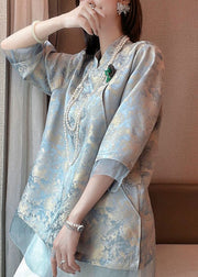 Original Design Light Blue Tulle Patchwork Jacquard Silk Shirts Half Sleeve