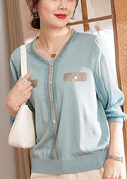 Original Design Light Blue V Neck Patchwork Knit Shirt Tops Long Sleeve