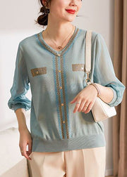 Original Design Light Blue V Neck Patchwork Knit Shirt Tops Long Sleeve