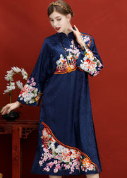 Original Design Navy Embroidered Jacquard Silk Chinese Style Dress Vestidos Spring