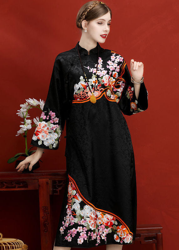 Original Design Navy Embroidered Jacquard Silk Chinese Style Dress Vestidos Spring