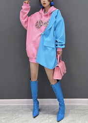 Original Design Pink Blue Hooded Patchwork Cotton Fake Two Piece Sweatshirts Top Fall