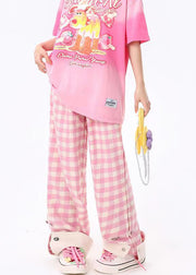 Original Design Pink Plaid Pockets Cotton Wide Leg Pants Spring