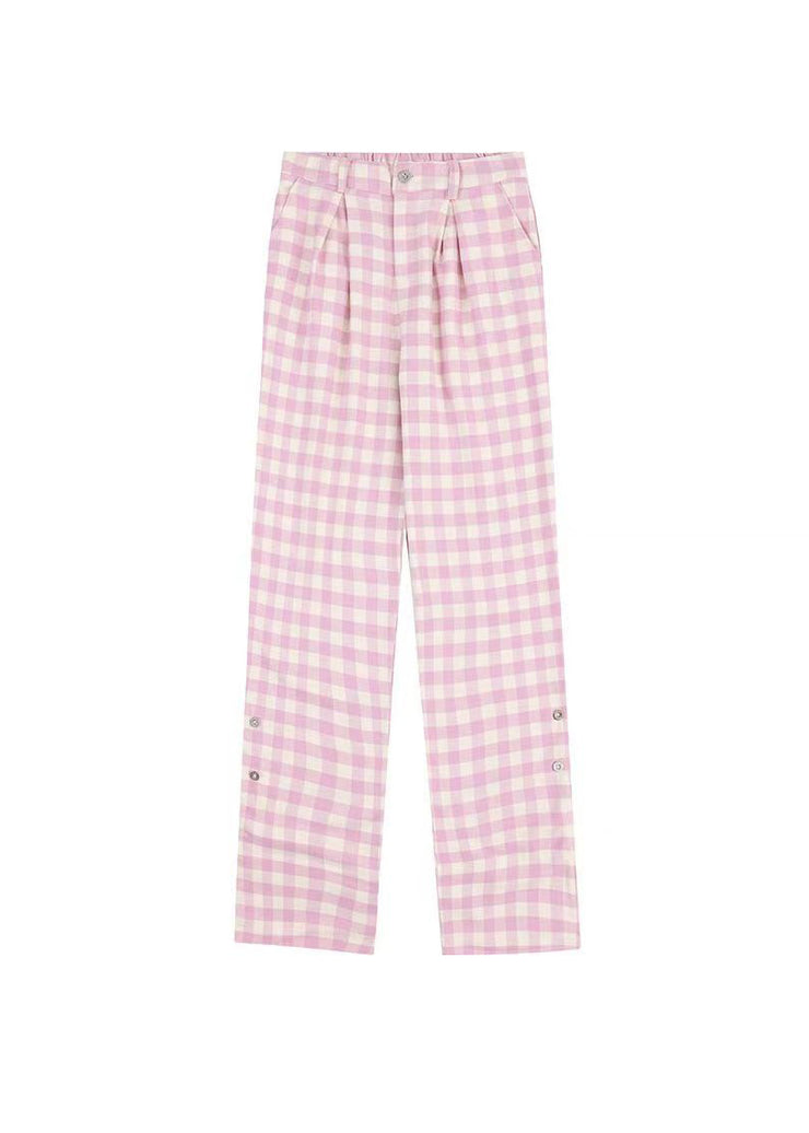 Original Design Pink Plaid Pockets Cotton Wide Leg Pants Spring