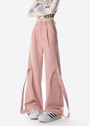 Original Design Pink Ribbon Patchwork Casual Wide Leg Pants Spring