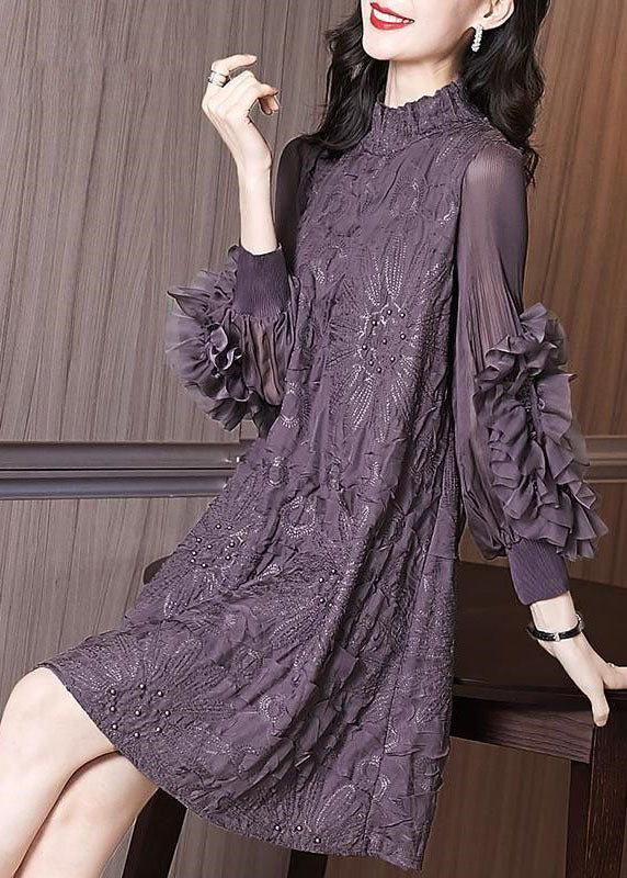 Original Design Purple Stand Collar Embroidered Nail Bead Silk Maxi Dress Long Sleeve