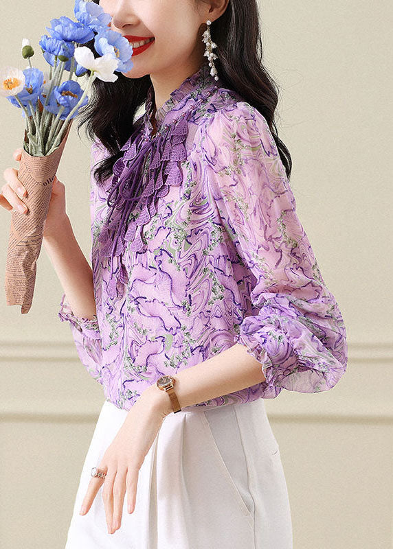 Original Design Purple Stand Collar Ruffled Print Chiffon Blouse Top Spring