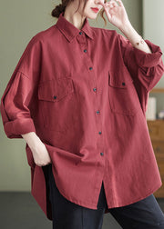 Original Design Red Oversized Applique Cotton Shirt Spring