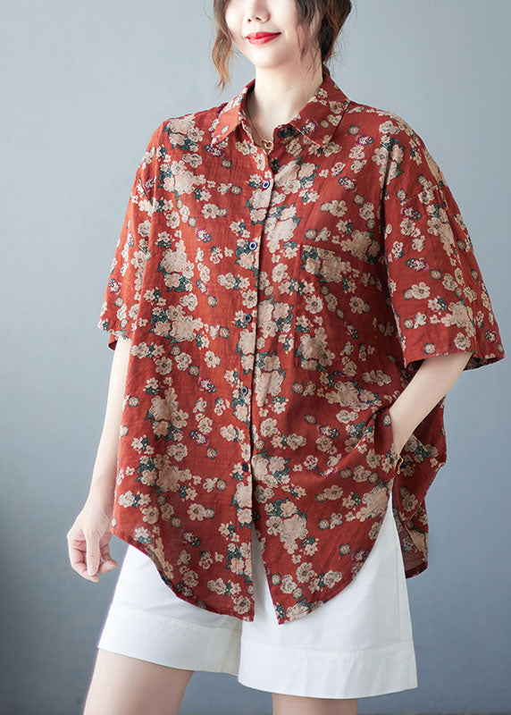 Original Design Red Peter Pan Collar Print Pocket Linen Long Shirt Top Short Sleeve