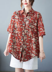 Original Design Red Peter Pan Collar Print Pocket Linen Long Shirt Top Short Sleeve