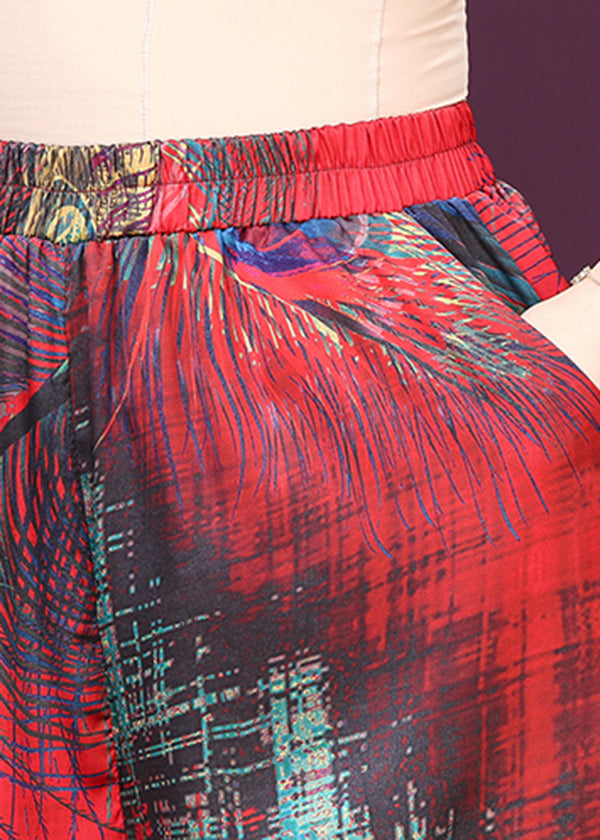 Original Design Red Stand Collar Print Silk Shirt Top And Pants Two Pieces Set Summer
