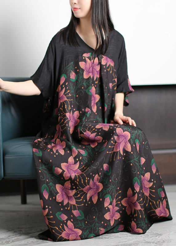 Original Design Rose Print V Neck Patchwork Silk Party Dress Batwing Sleeve