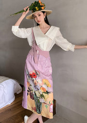 Original Design Sailor Collar Asymmetrical Design Print Silk Tops And Skirts Two-Piece Set Summer