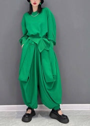Original Design Solid Green O-Neck Asymmetrical Loose Sweatshirts Top And Harem Pants Two Piece Set Long Sleeve