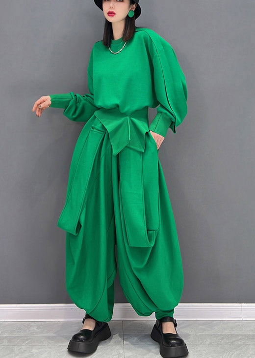 Originelles Design, einfarbig, grün, O-Ausschnitt, asymmetrisch, lose Sweatshirts, Oberteil und Haremshose, zweiteiliges Set mit langen Ärmeln