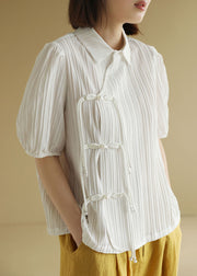 Original Design Solid White Peter Pan Collar Wrinkled Oriental Button Chiffon Top Short Sleeve
