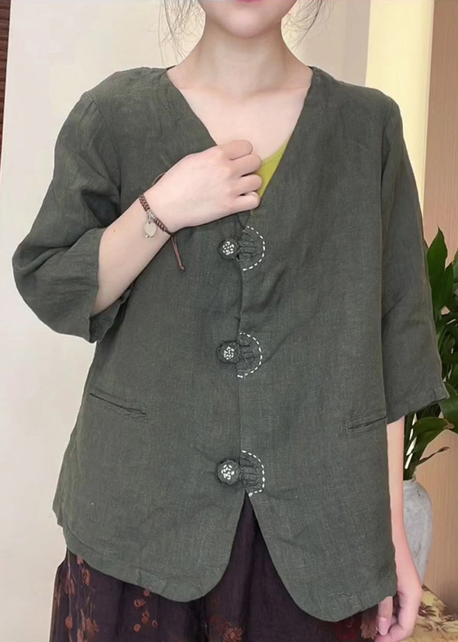 Original Design Solid blackish Green V Neck Button Linen Shirt Top Half Sleeve