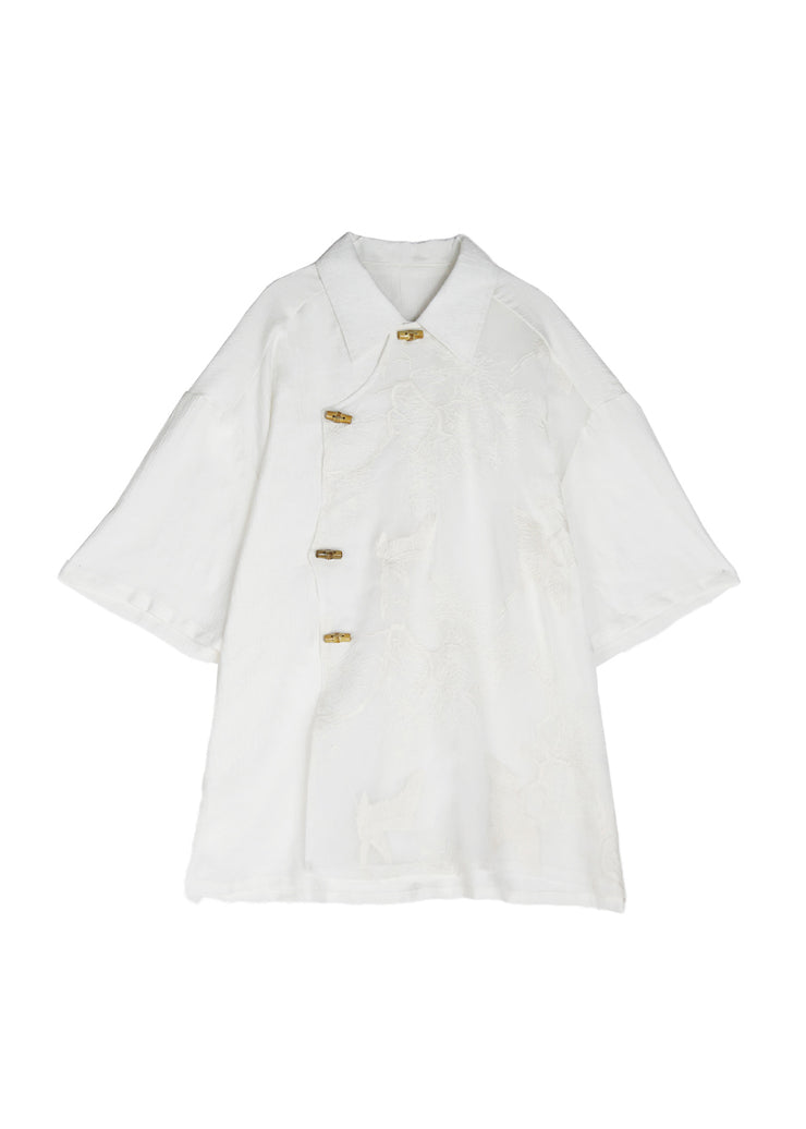 Original Design White Embroidered Tulle Patchwork Cotton Shirt Summer