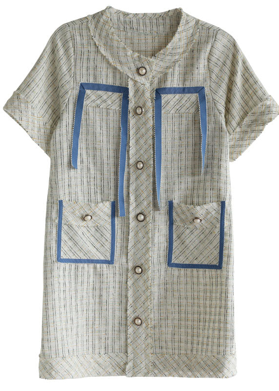 Original Design Weißes O-Neck Plaid Print Knopf Baumwollkleid mit kurzen Ärmeln