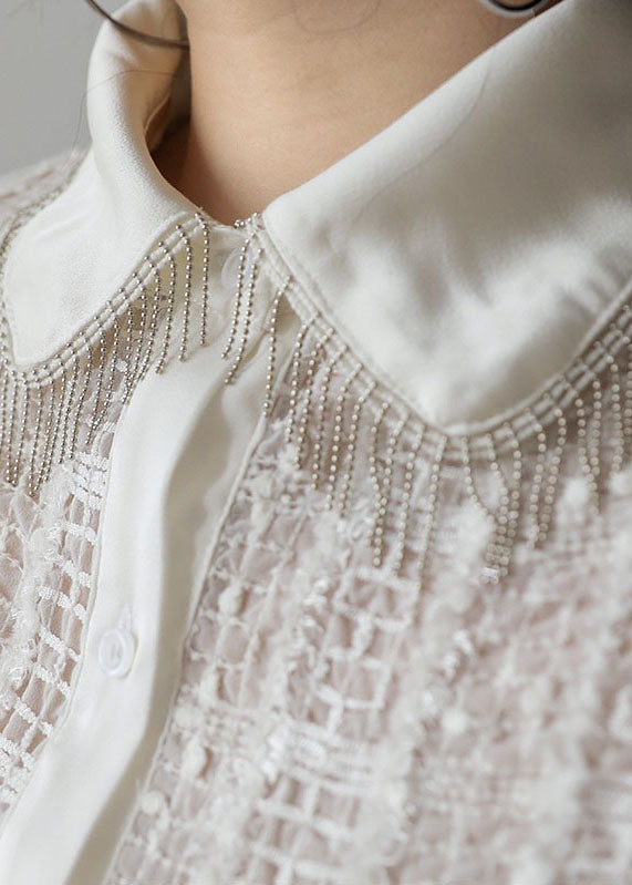 Original Design White Peter Pan Collar Plaid Tassel Cotton Shirts Long Sleeve