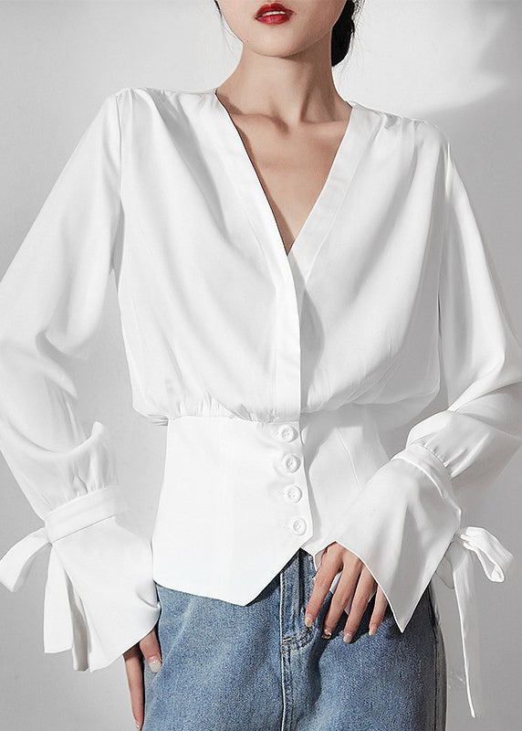 Original Design White V Neck Tunic Cotton Shirts Long Sleeve